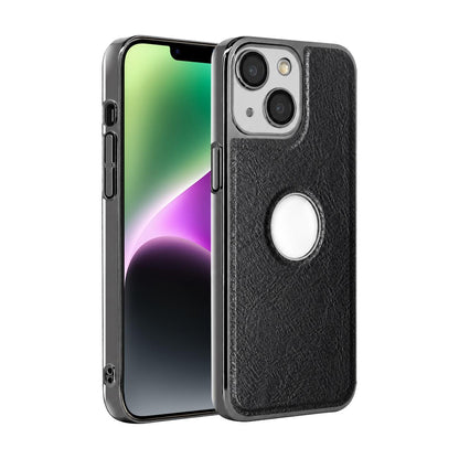 For iPhone 14 Cowhide Texture Electroplated Frame PC + Vegan Leather Phone Case - Black - EDA009689014A