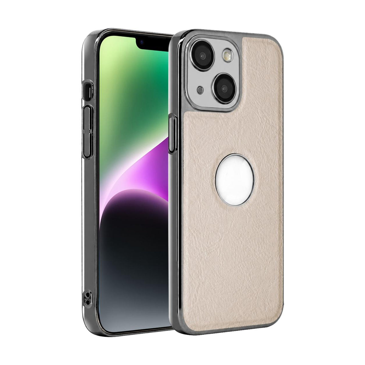 For iPhone 14 Cowhide Texture Electroplated Frame PC + Vegan Leather Phone Case - White - EDA009689014B