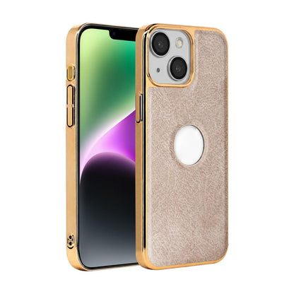 For iPhone 14 Cowhide Texture Electroplated Frame PC + Vegan Leather Phone Case - Beige - EDA009689014C