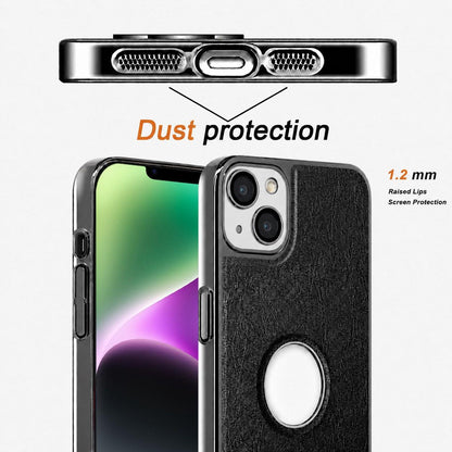 For iPhone 14 Cowhide Texture Electroplated Frame PC + Vegan Leather Phone Case - Beige - EDA009689014C