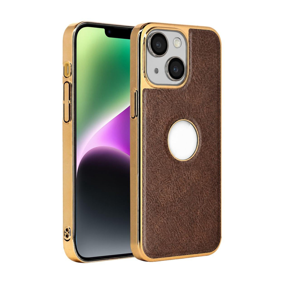 For iPhone 14 Cowhide Texture Electroplated Frame PC + Vegan Leather Phone Case - Brown - EDA009689014D