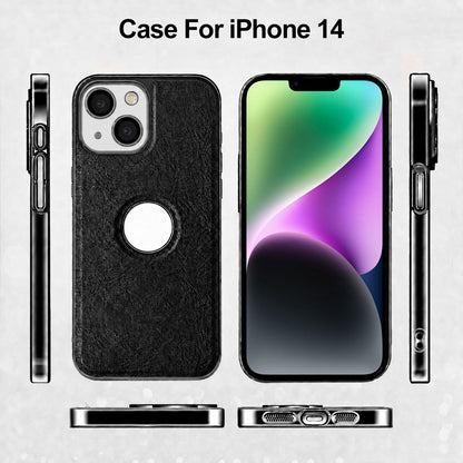 For iPhone 14 Cowhide Texture Electroplated Frame PC + Vegan Leather Phone Case - Brown - EDA009689014D