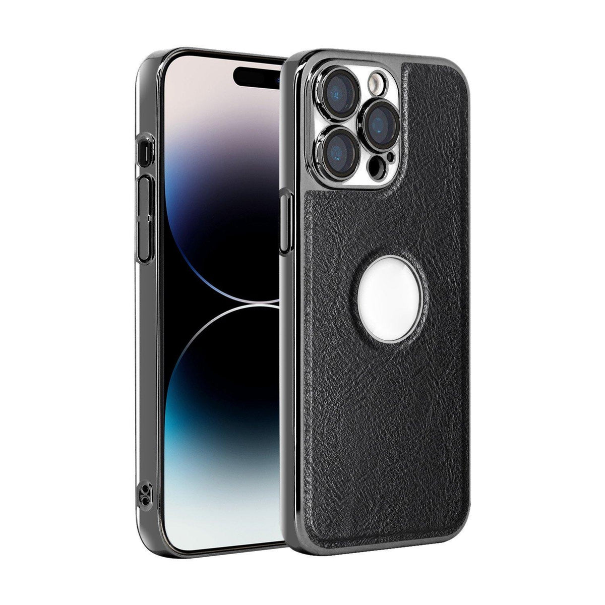 For iPhone 14 Pro Cowhide Texture Electroplated Frame PC + Vegan Leather Phone Case - Black - EDA009689015A