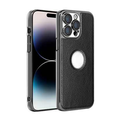 For iPhone 14 Pro Cowhide Texture Electroplated Frame PC + Vegan Leather Phone Case - Black - EDA009689015A