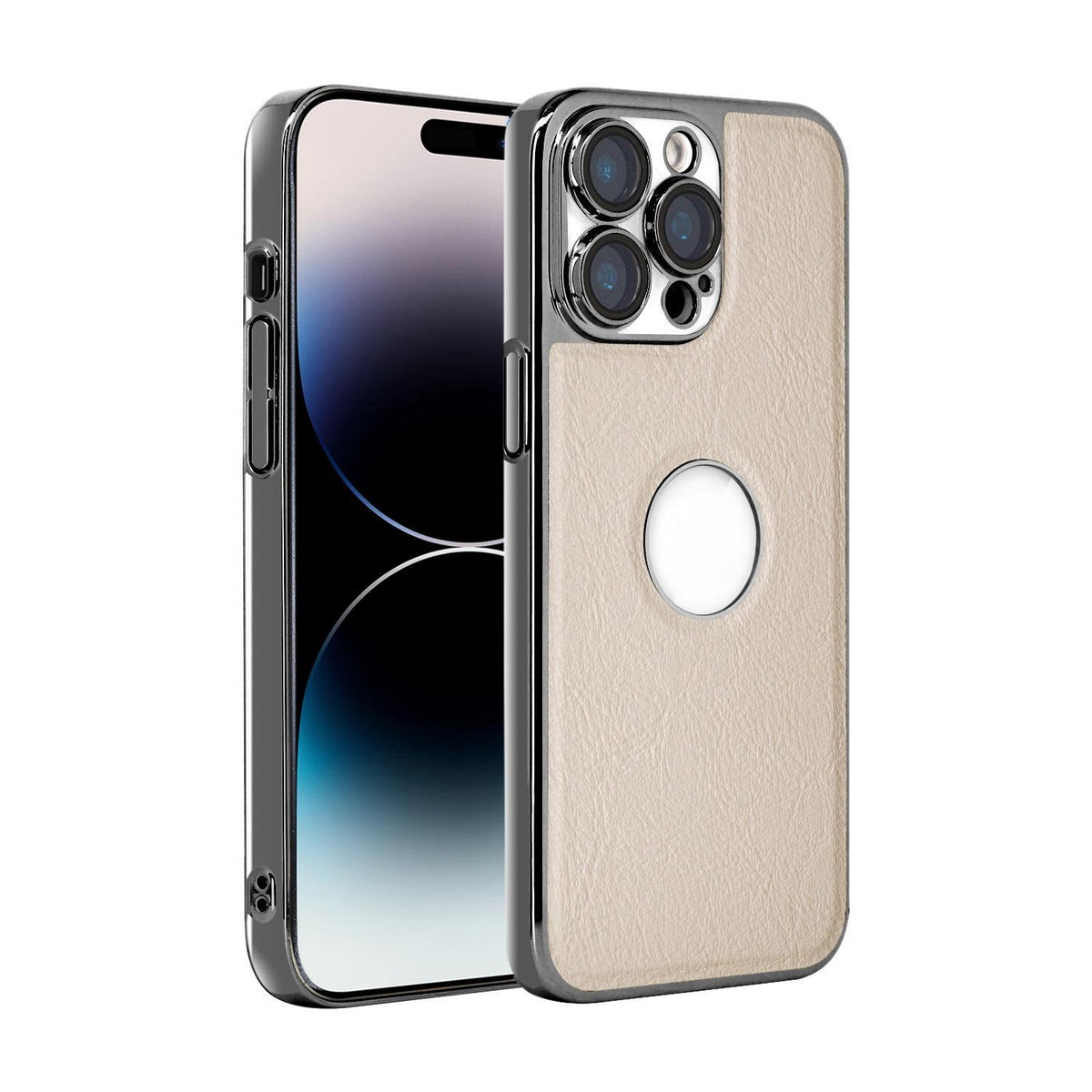 For iPhone 14 Pro Cowhide Texture Electroplated Frame PC + Vegan Leather Phone Case - White - EDA009689015B