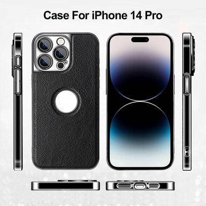 For iPhone 14 Pro Cowhide Texture Electroplated Frame PC + Vegan Leather Phone Case - White - EDA009689015B