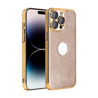 For iPhone 14 Pro Cowhide Texture Electroplated Frame PC + Vegan Leather Phone Case - Beige - EDA009689015C