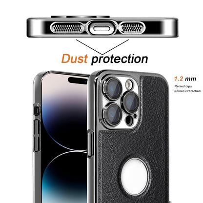 For iPhone 14 Pro Cowhide Texture Electroplated Frame PC + Vegan Leather Phone Case - Beige - EDA009689015C