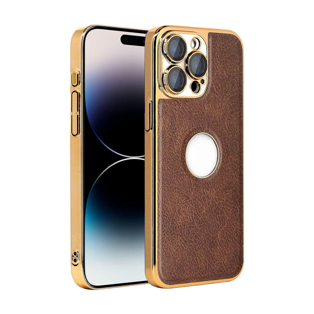 For iPhone 14 Pro Cowhide Texture Electroplated Frame PC + Vegan Leather Phone Case - Brown - EDA009689015D