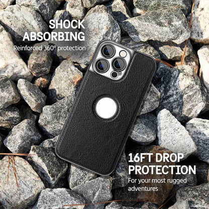 For iPhone 14 Pro Cowhide Texture Electroplated Frame PC + Vegan Leather Phone Case - Brown - EDA009689015D