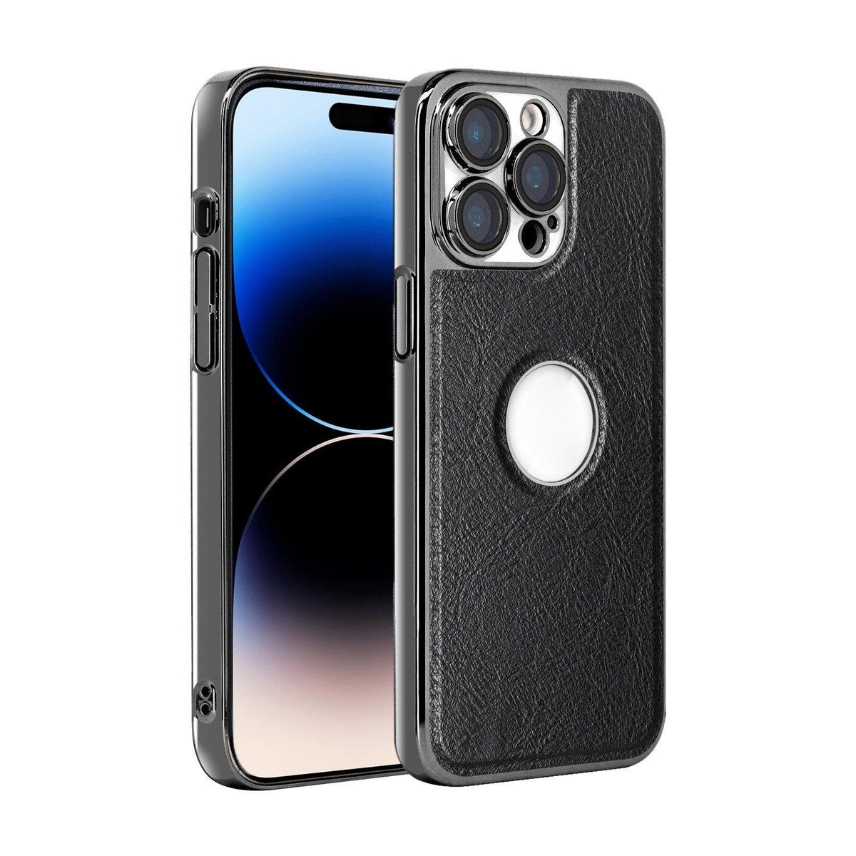 For iPhone 14 Pro Max Cowhide Texture Electroplated Frame PC + Vegan Leather Phone Case - Black - EDA009689016A