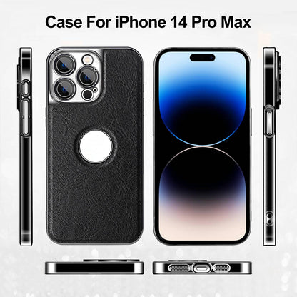 For iPhone 14 Pro Max Cowhide Texture Electroplated Frame PC + Vegan Leather Phone Case - Black - EDA009689016A