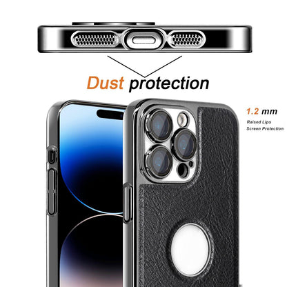 For iPhone 14 Pro Max Cowhide Texture Electroplated Frame PC + Vegan Leather Phone Case - Black - EDA009689016A