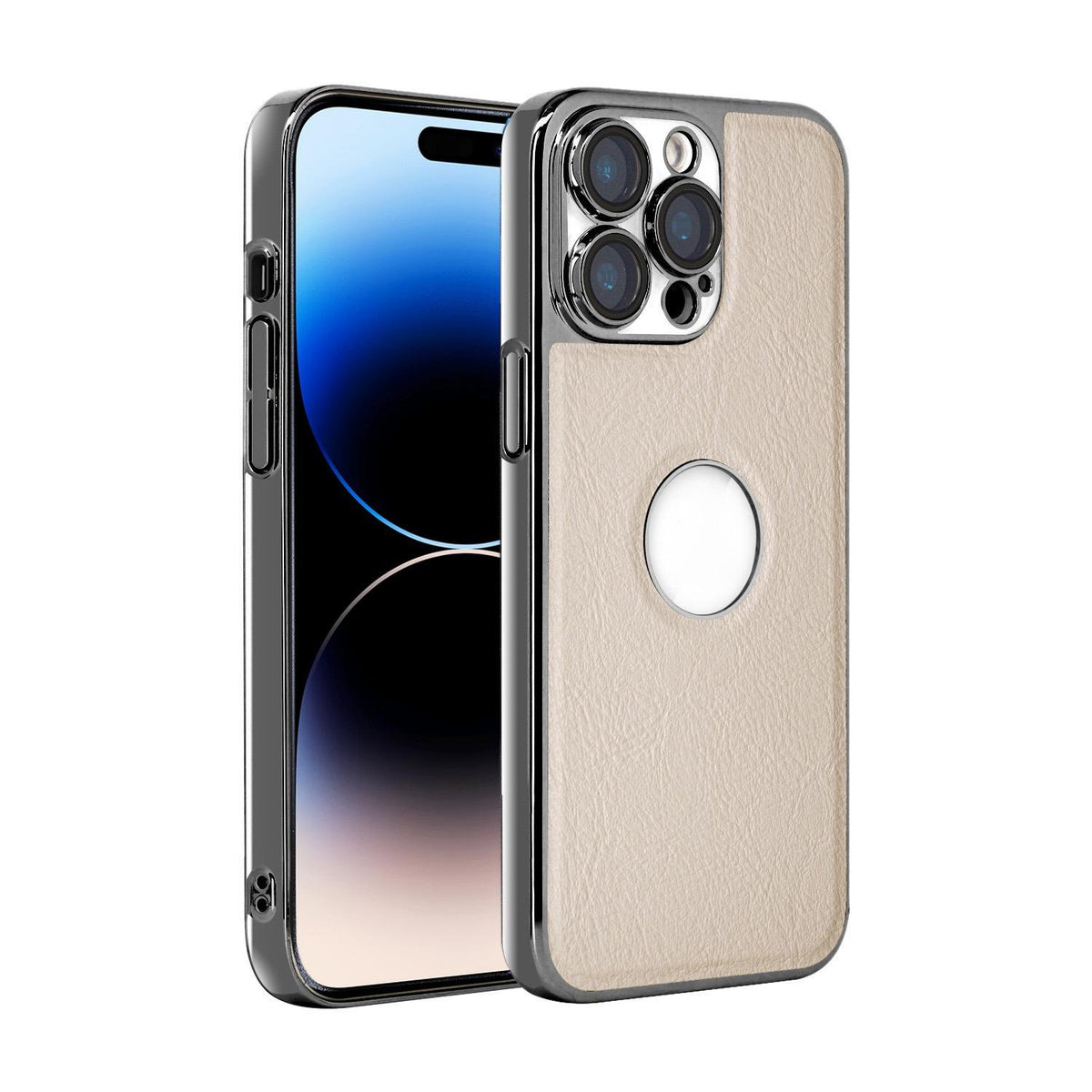 For iPhone 14 Pro Max Cowhide Texture Electroplated Frame PC + Vegan Leather Phone Case - White - EDA009689016B