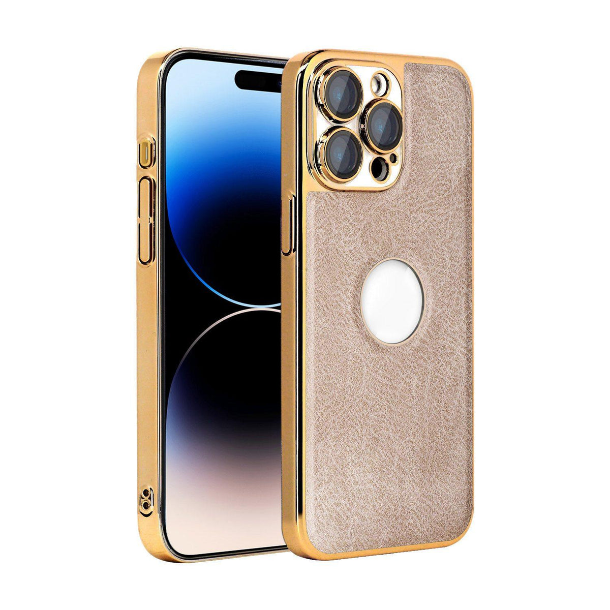 For iPhone 14 Pro Max Cowhide Texture Electroplated Frame PC + Vegan Leather Phone Case - Beige - EDA009689016C