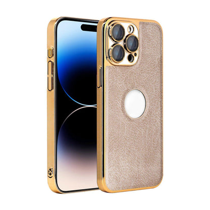 For iPhone 14 Pro Max Cowhide Texture Electroplated Frame PC + Vegan Leather Phone Case - Beige - EDA009689016C