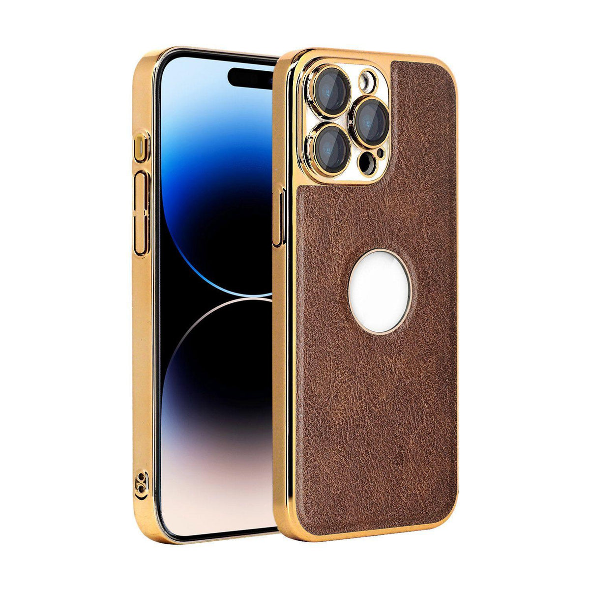 For iPhone 14 Pro Max Cowhide Texture Electroplated Frame PC + Vegan Leather Phone Case - Brown - EDA009689016D