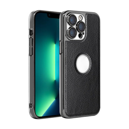 For iPhone 13 Pro Max Cowhide Texture Electroplated Frame PC + Vegan Leather Phone Case - Black - EDA009689017A