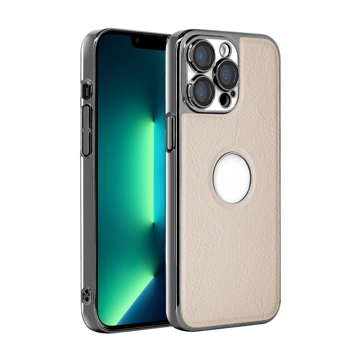 For iPhone 13 Pro Max Cowhide Texture Electroplated Frame PC + Vegan Leather Phone Case - White - EDA009689017B