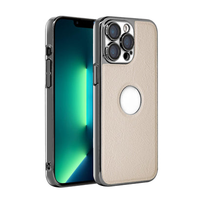 For iPhone 13 Pro Max Cowhide Texture Electroplated Frame PC + Vegan Leather Phone Case - White - EDA009689017B