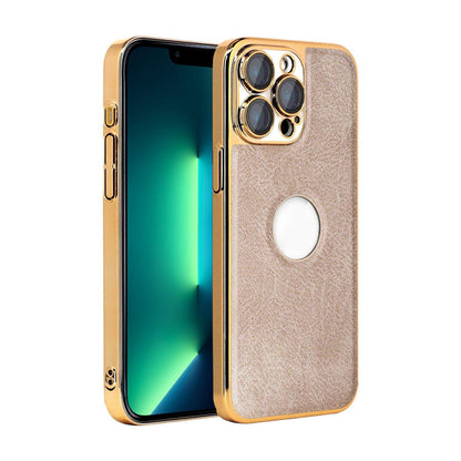 For iPhone 13 Pro Max Cowhide Texture Electroplated Frame PC + Vegan Leather Phone Case - Beige - EDA009689017C
