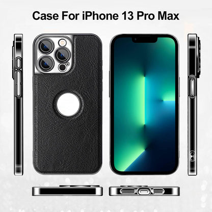 For iPhone 13 Pro Max Cowhide Texture Electroplated Frame PC + Vegan Leather Phone Case - Beige - EDA009689017C