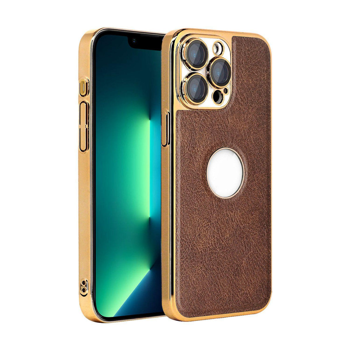 For iPhone 13 Pro Max Cowhide Texture Electroplated Frame PC + Vegan Leather Phone Case - Brown - EDA009689017D