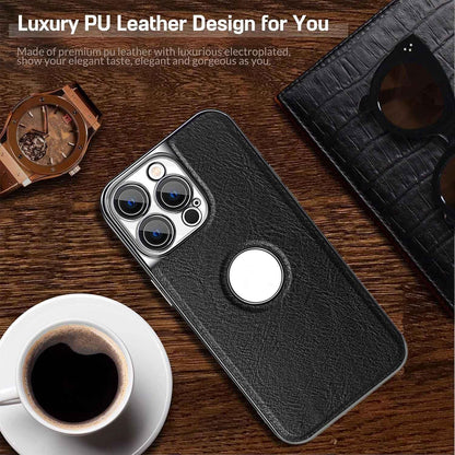 For iPhone 13 Pro Max Cowhide Texture Electroplated Frame PC + Vegan Leather Phone Case - Brown - EDA009689017D