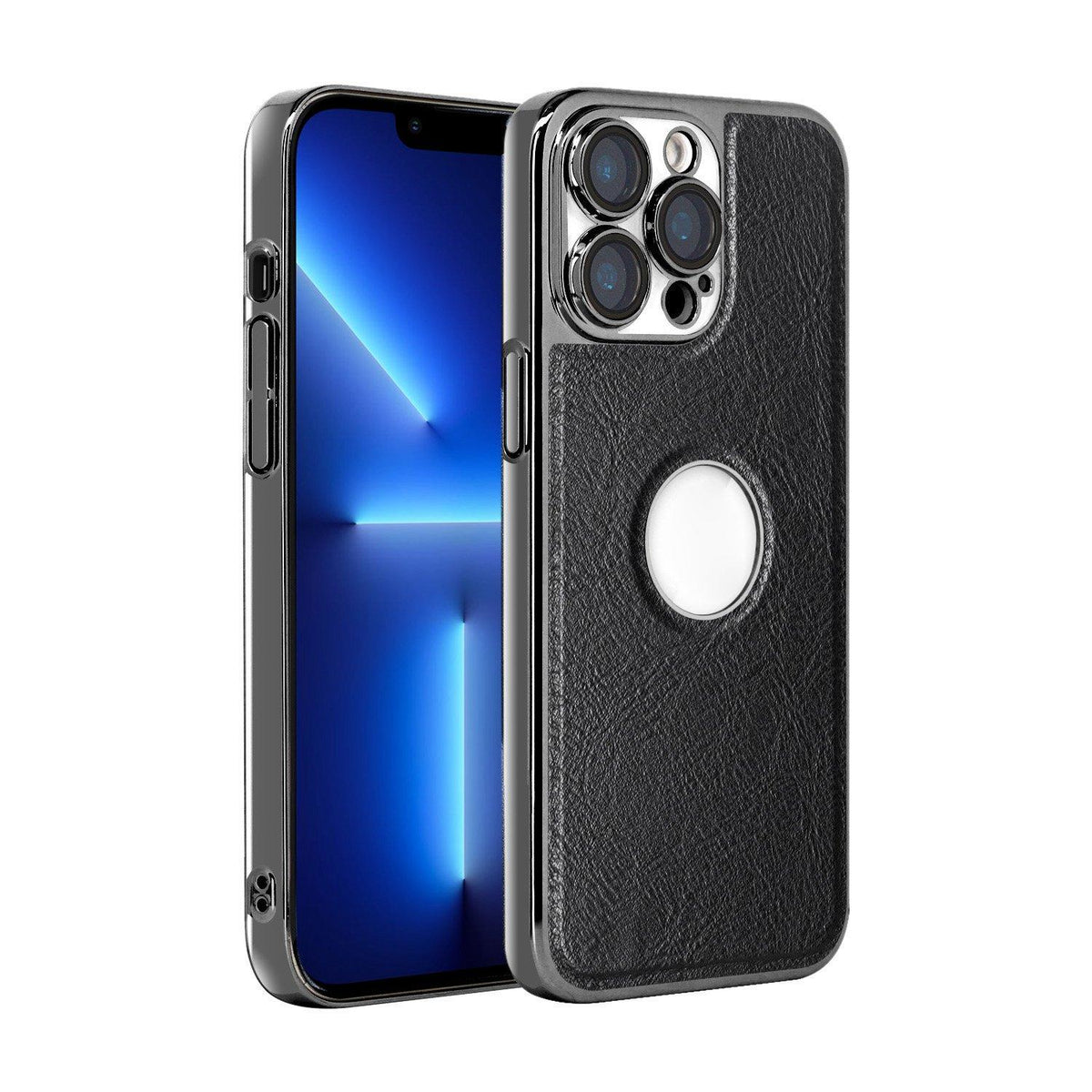 For iPhone 13 Pro Cowhide Texture Electroplated Frame PC + Vegan Leather Phone Case - Black - EDA009689018A