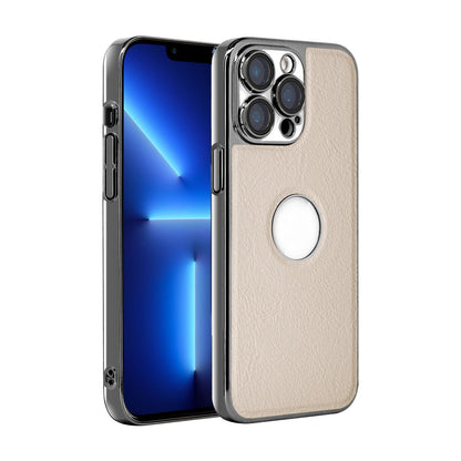 For iPhone 13 Pro Cowhide Texture Electroplated Frame PC + Vegan Leather Phone Case - White - EDA009689018B