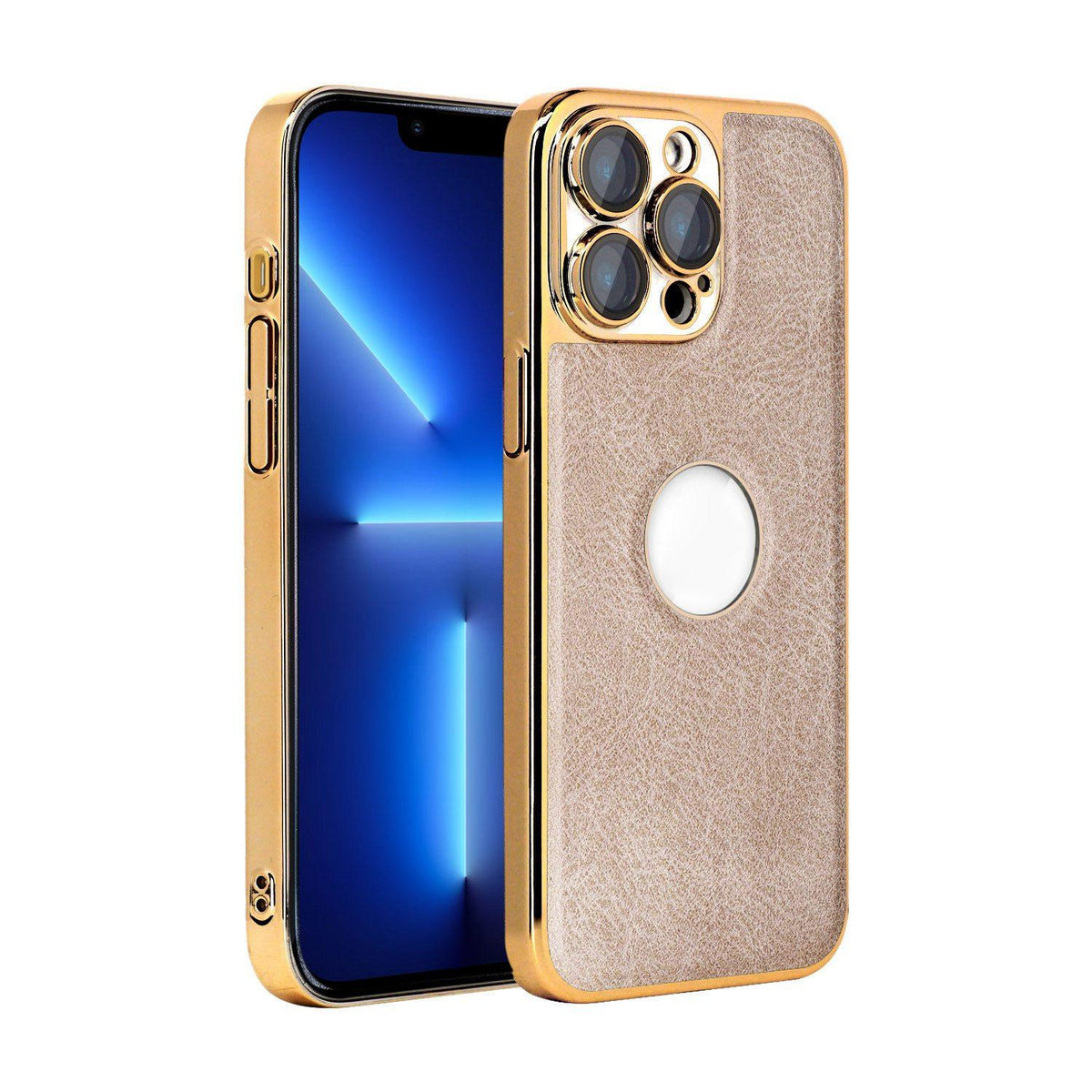 For iPhone 13 Pro Cowhide Texture Electroplated Frame PC + Vegan Leather Phone Case - Beige - EDA009689018C