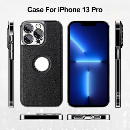 For iPhone 13 Pro Cowhide Texture Electroplated Frame PC + Vegan Leather Phone Case - Beige - EDA009689018C