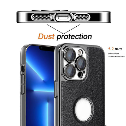 For iPhone 13 Pro Cowhide Texture Electroplated Frame PC + Vegan Leather Phone Case - Beige - EDA009689018C