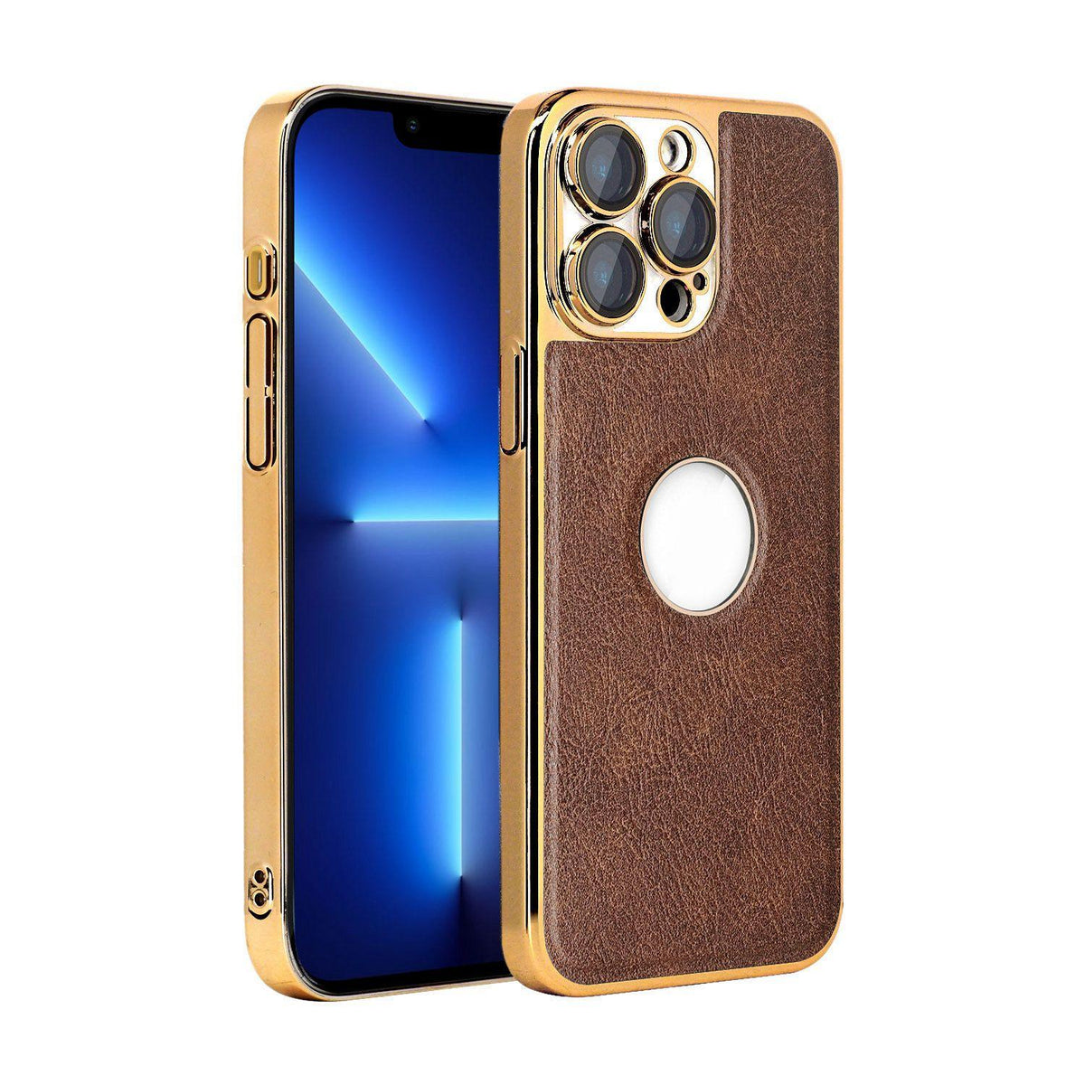 For iPhone 13 Pro Cowhide Texture Electroplated Frame PC + Vegan Leather Phone Case - Brown - EDA009689018D