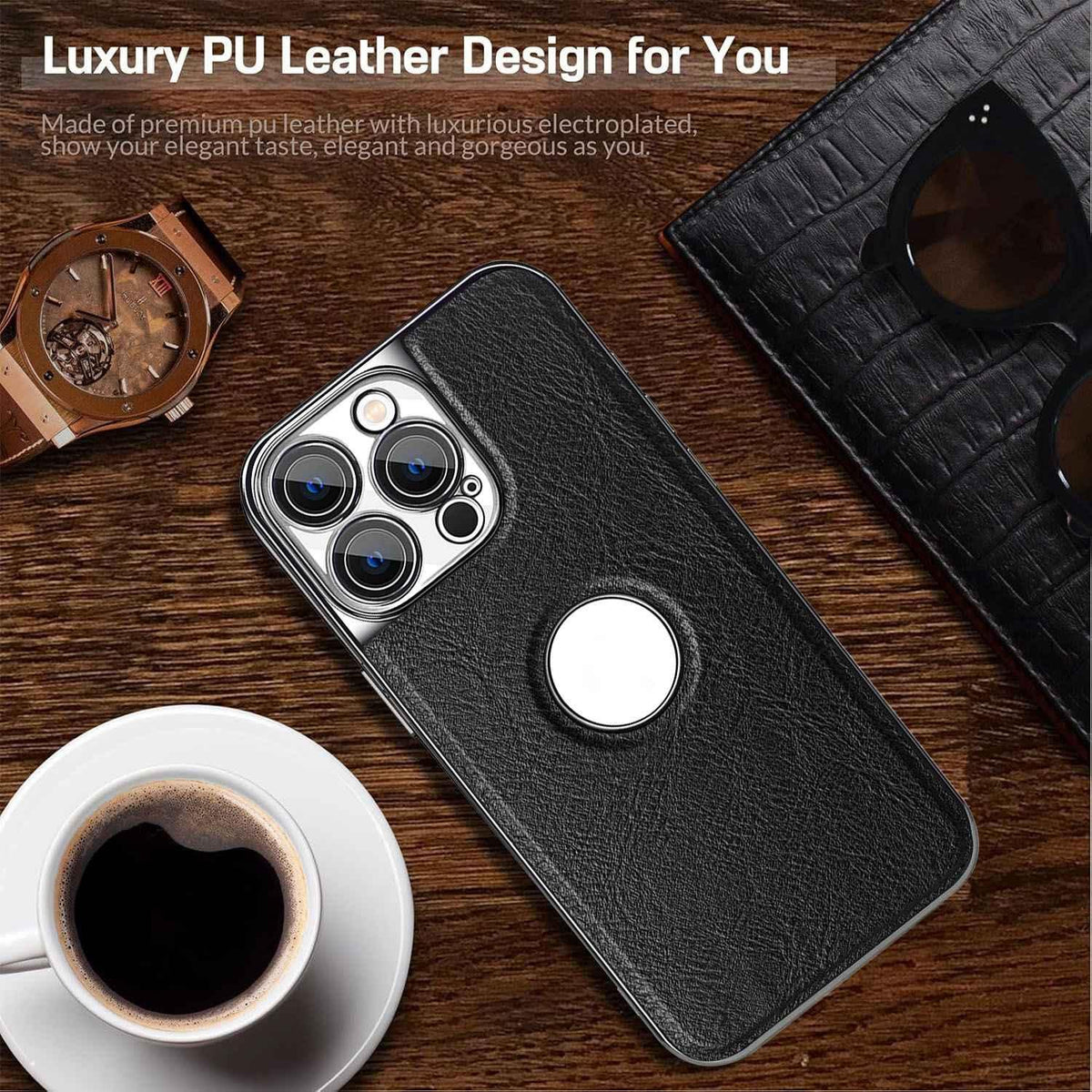 For iPhone 13 Pro Cowhide Texture Electroplated Frame PC + Vegan Leather Phone Case - Brown - EDA009689018D