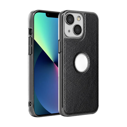 For iPhone 13 Cowhide Texture Electroplated Frame PC + Vegan Leather Phone Case - Black - EDA009689019A