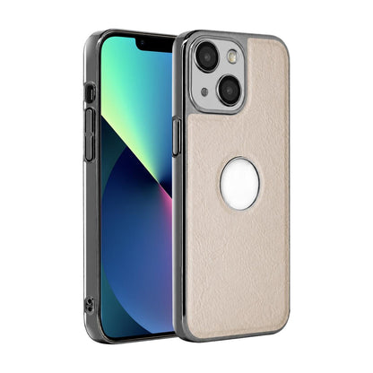 For iPhone 13 Cowhide Texture Electroplated Frame PC + Vegan Leather Phone Case - White - EDA009689019B