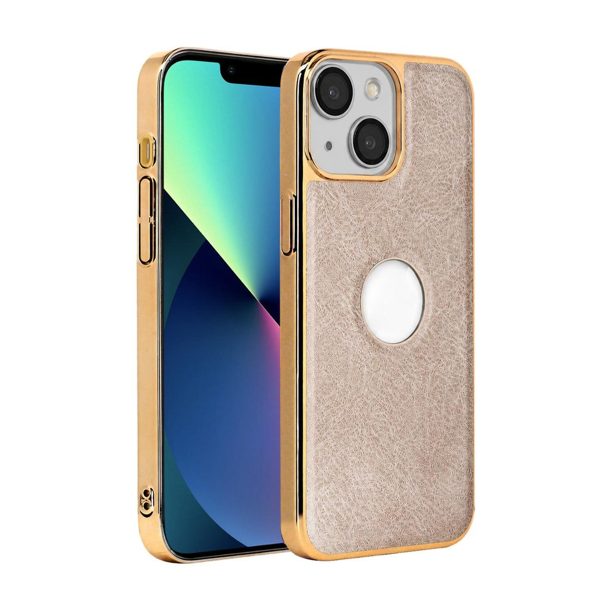 For iPhone 13 Cowhide Texture Electroplated Frame PC + Vegan Leather Phone Case - Beige - EDA009689019C