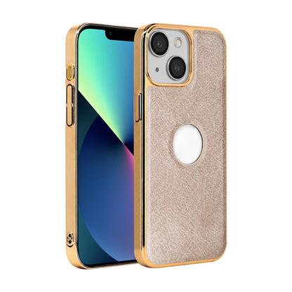 For iPhone 13 Cowhide Texture Electroplated Frame PC + Vegan Leather Phone Case - Beige - EDA009689019C