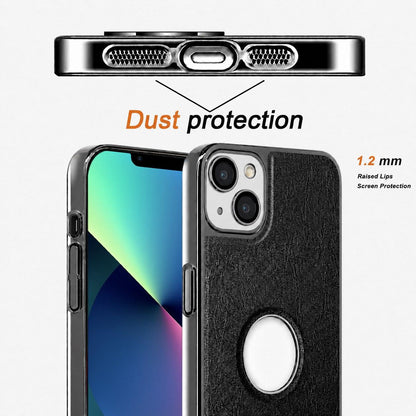 For iPhone 13 Cowhide Texture Electroplated Frame PC + Vegan Leather Phone Case - Beige - EDA009689019C