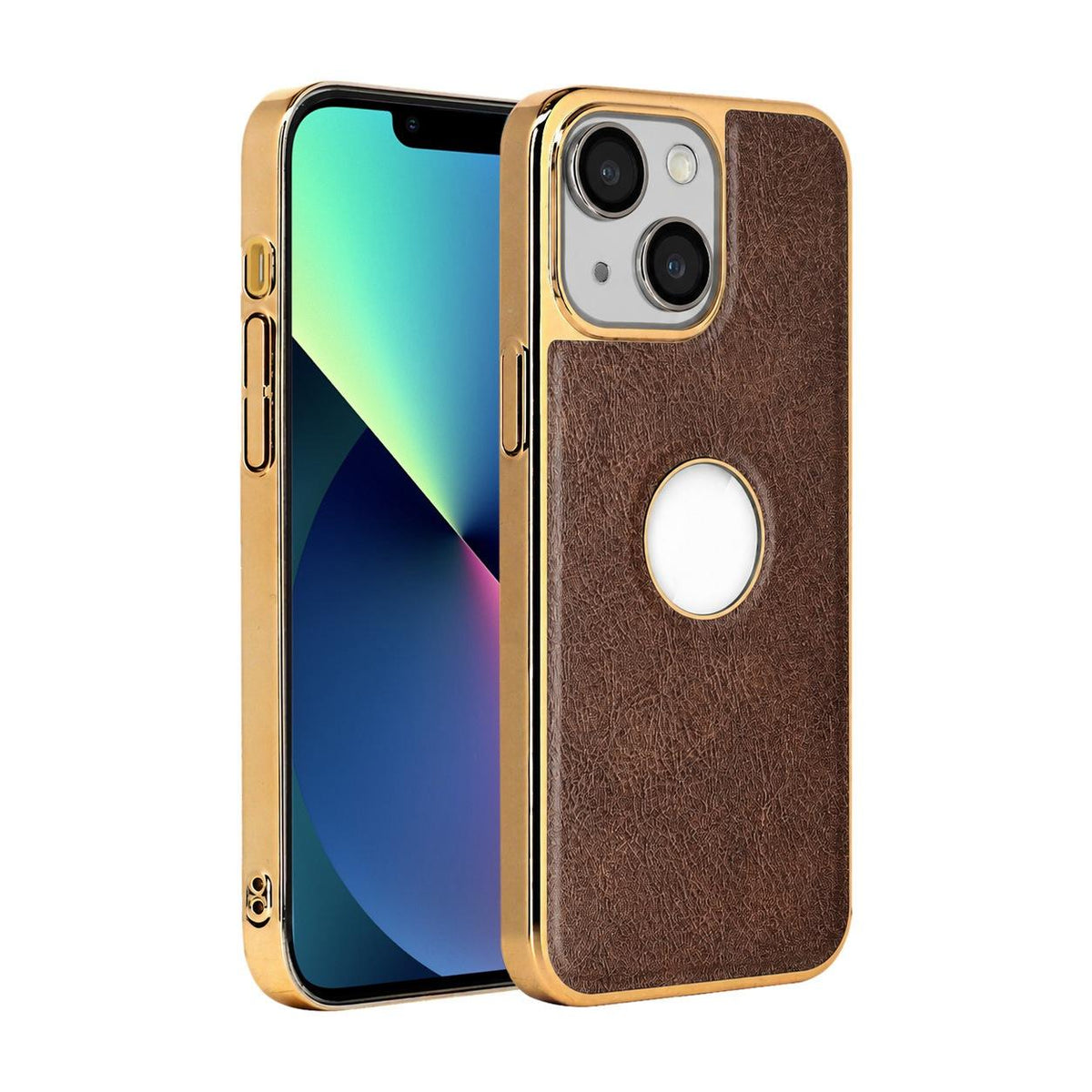 For iPhone 13 Cowhide Texture Electroplated Frame PC + Vegan Leather Phone Case - Brown - EDA009689019D