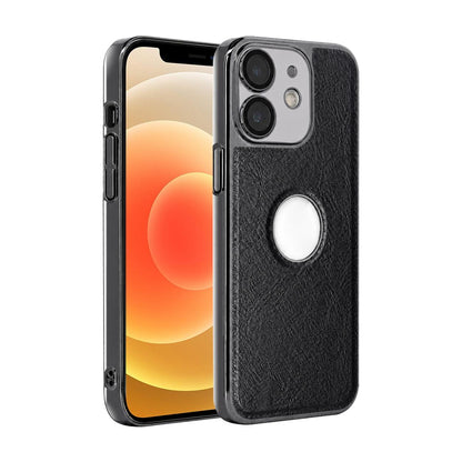 For iPhone 12 Cowhide Texture Electroplated Frame PC + Vegan Leather Phone Case - Black - EDA009689020A