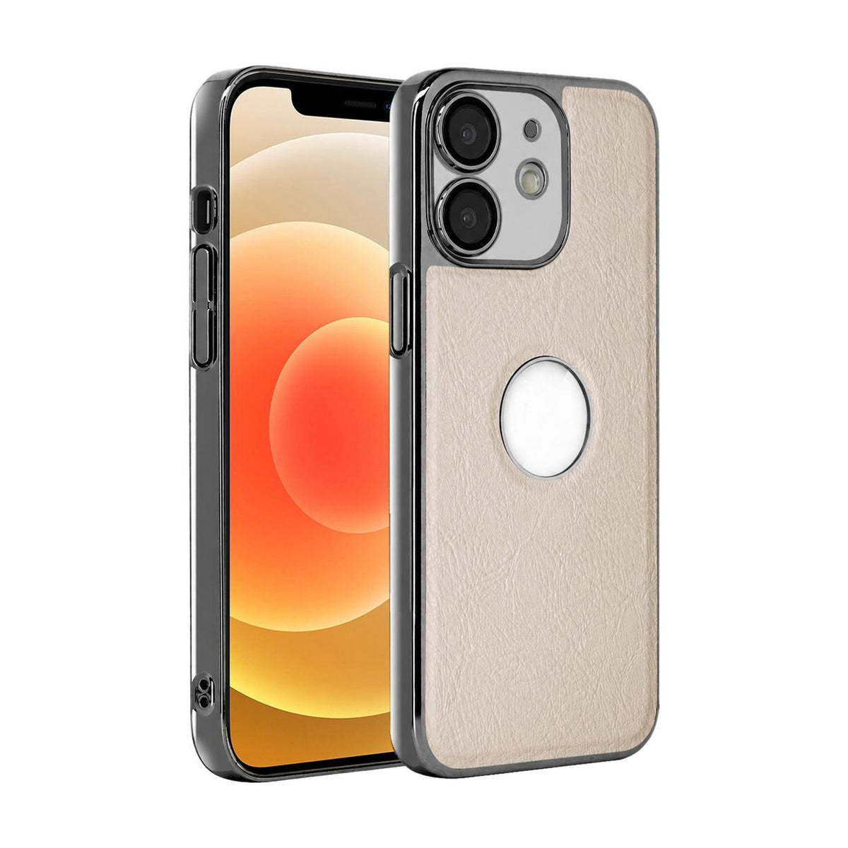 For iPhone 12 Cowhide Texture Electroplated Frame PC + Vegan Leather Phone Case - White - EDA009689020B
