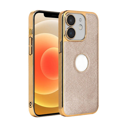 For iPhone 12 Cowhide Texture Electroplated Frame PC + Vegan Leather Phone Case - Beige - EDA009689020C