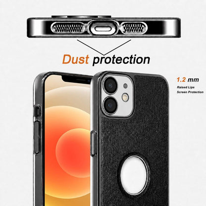 For iPhone 12 Cowhide Texture Electroplated Frame PC + Vegan Leather Phone Case - Beige - EDA009689020C