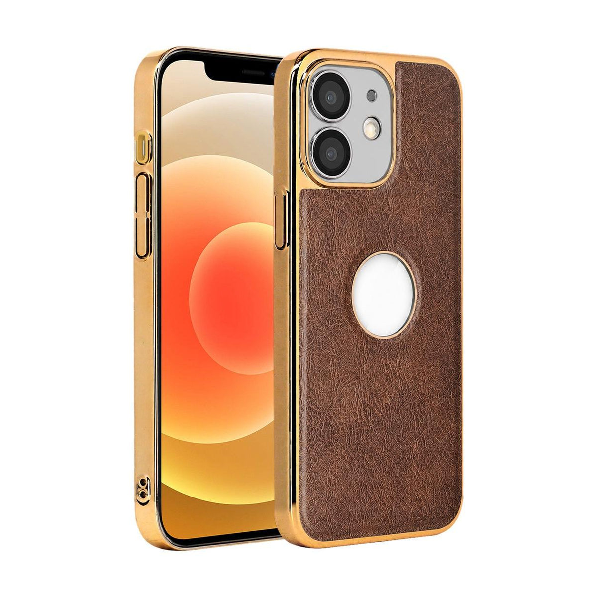 For iPhone 12 Cowhide Texture Electroplated Frame PC + Vegan Leather Phone Case - Brown - EDA009689020D
