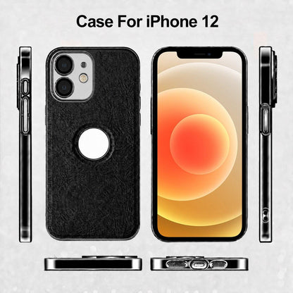 For iPhone 12 Cowhide Texture Electroplated Frame PC + Vegan Leather Phone Case - Brown - EDA009689020D