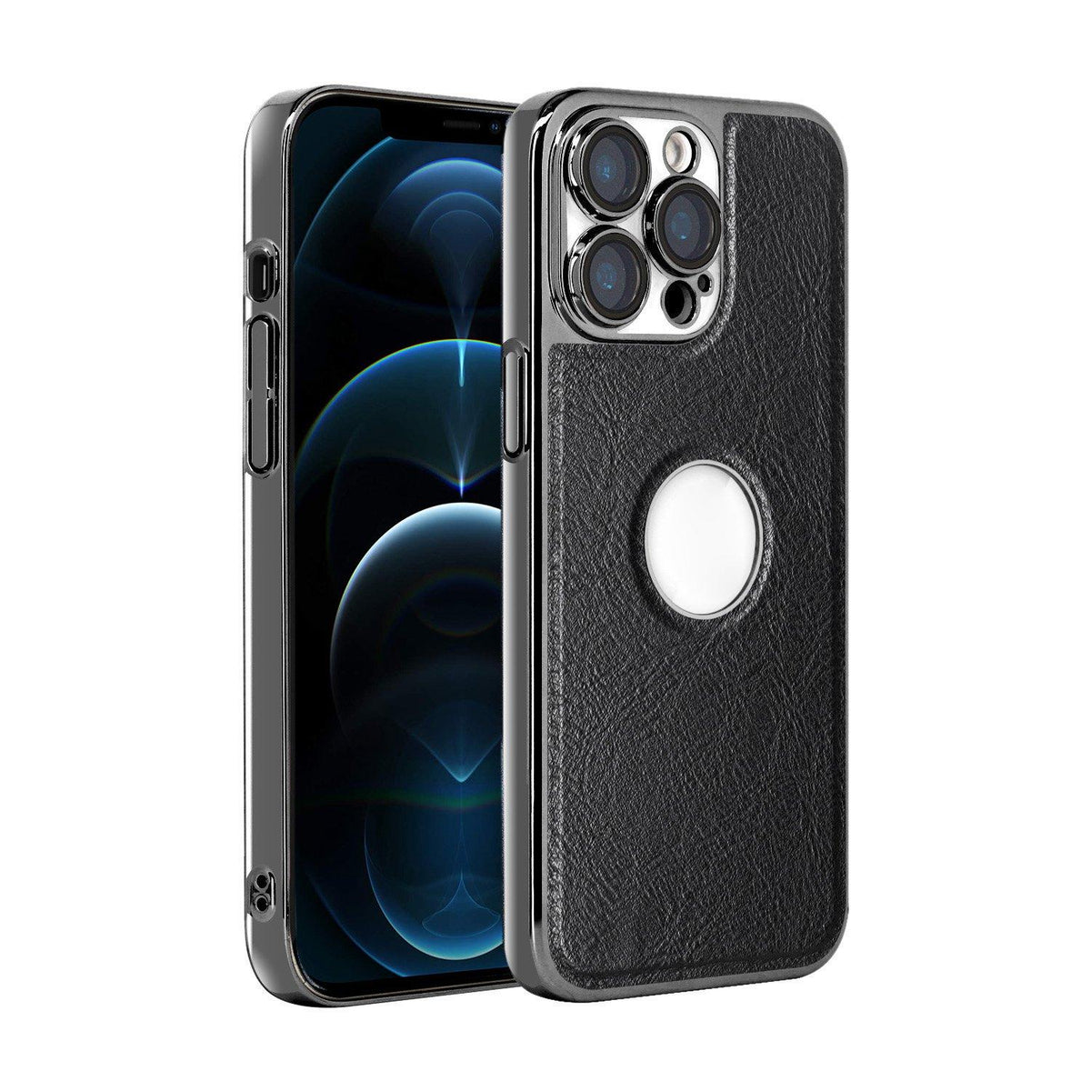 For iPhone 12 Pro Max Cowhide Texture Electroplated Frame PC + Vegan Leather Phone Case - Black - EDA009689021A