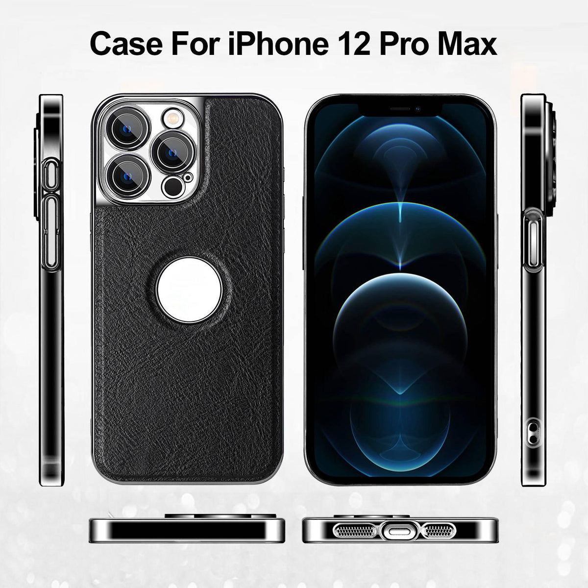 For iPhone 12 Pro Max Cowhide Texture Electroplated Frame PC + Vegan Leather Phone Case - Black - EDA009689021A