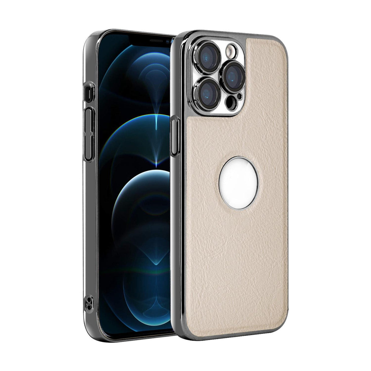 For iPhone 12 Pro Max Cowhide Texture Electroplated Frame PC + Vegan Leather Phone Case - White - EDA009689021B